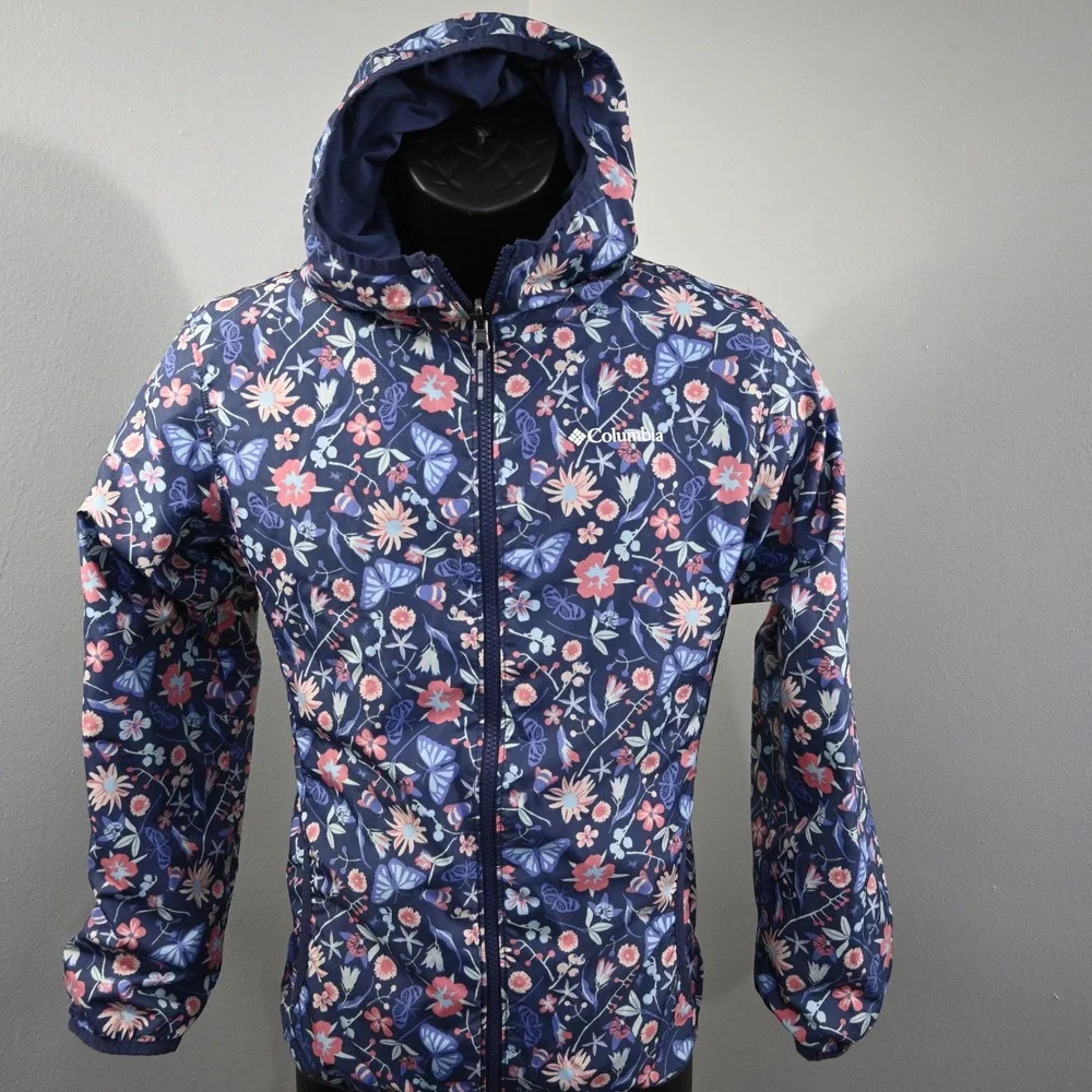 Columbia Reversible Jacket Girls XL (18/20) Navy Blue Floral Butterfly Hooded - Picture 1 of 14